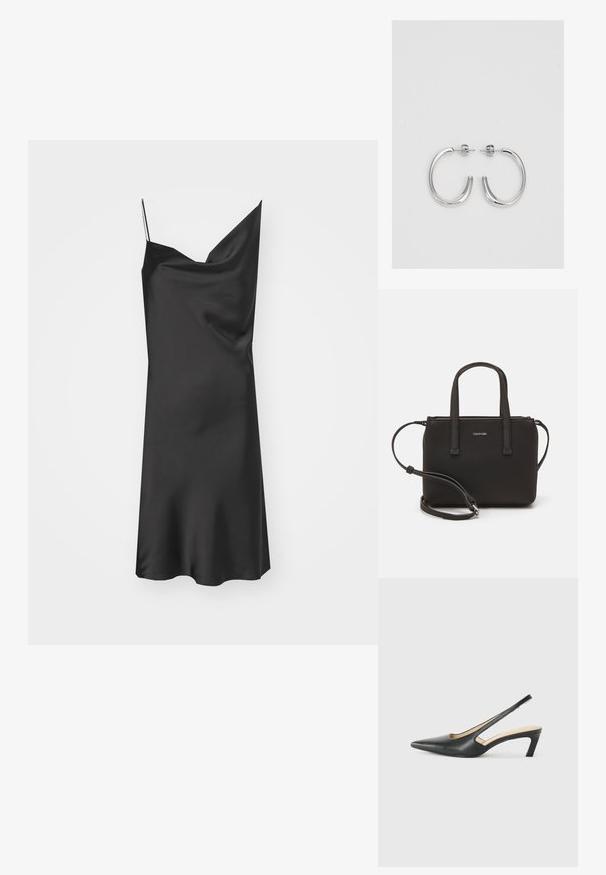 Crna satenasta haljina s drapiranim izrezom, tankim podesivim naramenicama i glatkom teksturom. Nježno se proteže u A-liniji.; Crne cipele s izduženim vrhom i remenom oko pete, s niskom petom, izrađene od glatke kože i s izrezbarenom stranom radi prozračnosti.; Crna torba s dva kratka ručka i uklonjivom naramenicom. Glatki materijal nalik koži s zatvaračem na zatvaranje i detaljem s logom.; Srebro naušnice u obliku prstena s glatkom, sjajnom završnom obradom. Zaobljenog oblika, laganog dizajna, s kopčom na poleđini.