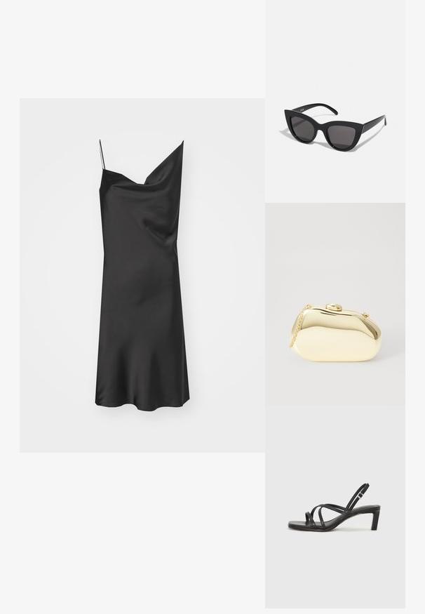 Fekete selyem aljruha drapírozott dekoltárral, vékony állítható pántokkal és sima textúrával. Lágyan áramlik, A-vonalú siluettel.; Fekete pántos szandál négyzetes orral és alacsony blokk sarkal. Több vékony pánttal és állítható boka pánttal rendelkezik. Sima bőrből készült.; Fekete macskaszem napszemüveg matt felülettel, szürke árnyalatú lencsékkel, éles vonalakkal és karcsú oldalsó karokkal. A márkaneve látható a belső karon.; Fémes arany színű kistáska sima, lekerekített formával, tetején gombos záródással és kis láncfogóval a hordozáshoz.