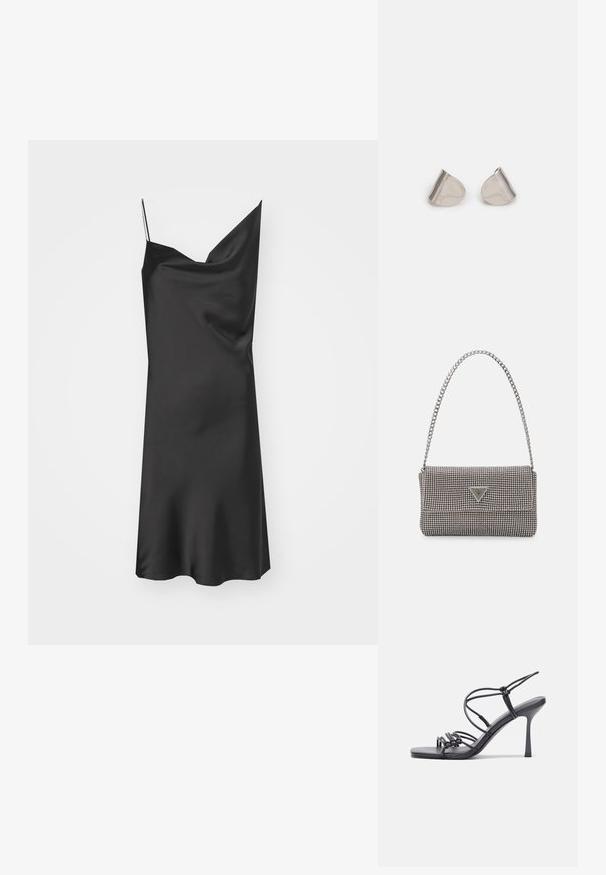 Čierne saténové šaty s lánovými ramienkami, drapovaným výstrihom a hladkou textúrou. Jemne sa prispôsobujú v siluete do A.; Čierne sandále na vysokom podpätku majú tenké remienky s uzlovým dizajnom, hladký štvorcový špičku a elegantný stiletto podpätok.; Svetlošedá metalická kabelka s reťazovým popruhom, ozdobená malými kruhovými kovovými štítkami a trojuholníkovým logom značky.; Strieborné kovové náušnice s hladkým tvarom kvapky a lesklým povrchom. Jemné rytiny pridávajú detail. Minimalistický dizajn.