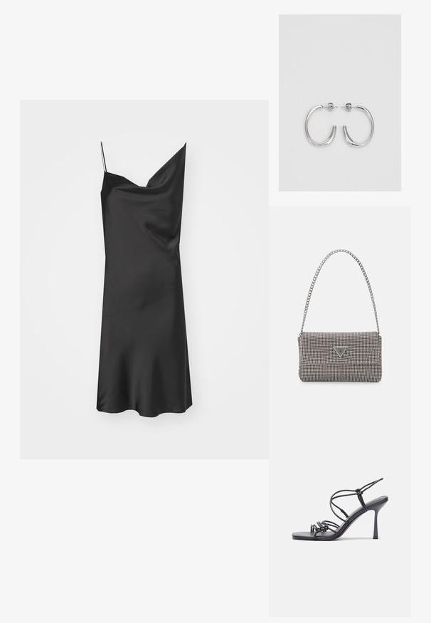 Juodas satino sijonas su draped iškirpte, plonomis reguliuojamomis petnešomis ir lygia tekstūra. Švelniai tekantis su A formos siluetu.; Juodos aukštakulnės sandalai pasižymi plonyčiais dirželiais su mazgo dizainu, lygiu kvadratiniu pirštu ir elegantišku stiletto kulnu.; Šviesiai pilka metalinė rankinė su grandinėlės dirželiu, papuošta mažais apvaliais metaliniais smeigėmis ir trikampiu prekės ženklu.; Sidabriniai lankelio formos auskarai su lygiu, blizgiu paviršiumi, išlenktos formos ir su užsegimu. Minimalistinio dizaino su moderniu apdaila.