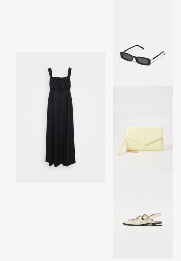 Čierna maxi šaty so štvorcovým výstrihom, širokými ramienkami a viazaním vpredu. Vyrobené z mäkkej, ľahkej textílie.; Sandalové topánky so zapínaním vzadu z bielej kože s viacerými širokými popruhmi a striebornými prackami; plochá podrážka s malým čiernym podpätkom a metalickými akcentmi.; Čierne obdĺžnikové slnečné okuliare s tmavými šošovkami, lesklými plastovými rámami a zlatými akcentmi na spánkoch. Minimalistický dizajn a štíhly tvar.; Žltý tkaný clutch peňaženka s preklápacím dizajnom, odnímateľným zápästným remienkom a zlatým reťazovým doplnkom. Hladký povrch a obdĺžnikový tvar.