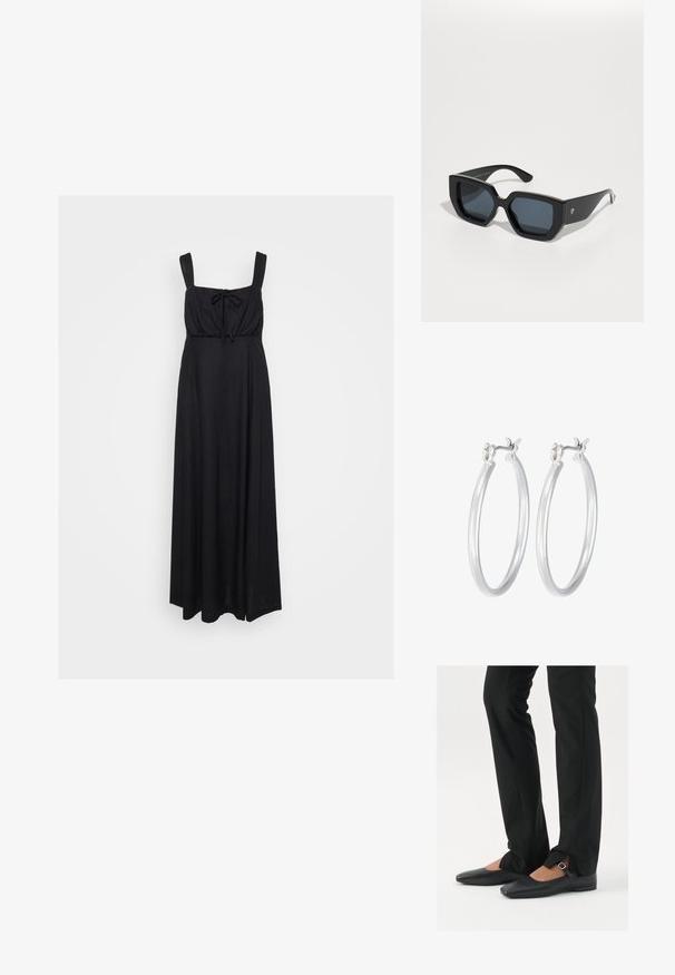 Juoda maxi suknelė su kvadratiniu iškirpimu, plačiomis petnešėlėmis ir raišteliu priekyje. Pagaminta iš minkštos, lengvos medžiagos.; Juodų odinių balerinų batų su smailiu priekiu, juostele su sidabro sagtimi, derinami su juodomis pritaikytomis kelnėmis, turinčiomis plyšinį hemą.; Juodos didelės saulės akinių su geometriniu raštu, stačiakampiais objektyvais ir blizgiu paviršiumi. Nėra matomo prekės ženklo priekyje.; Sidabriniai auskarai su sklandžiu, poliruotu paviršiumi. Apvalios formos ir saugus uždarymo mechanizmas. Lengvas dizainas, tinkantis kasdieniam dėvėjimui.