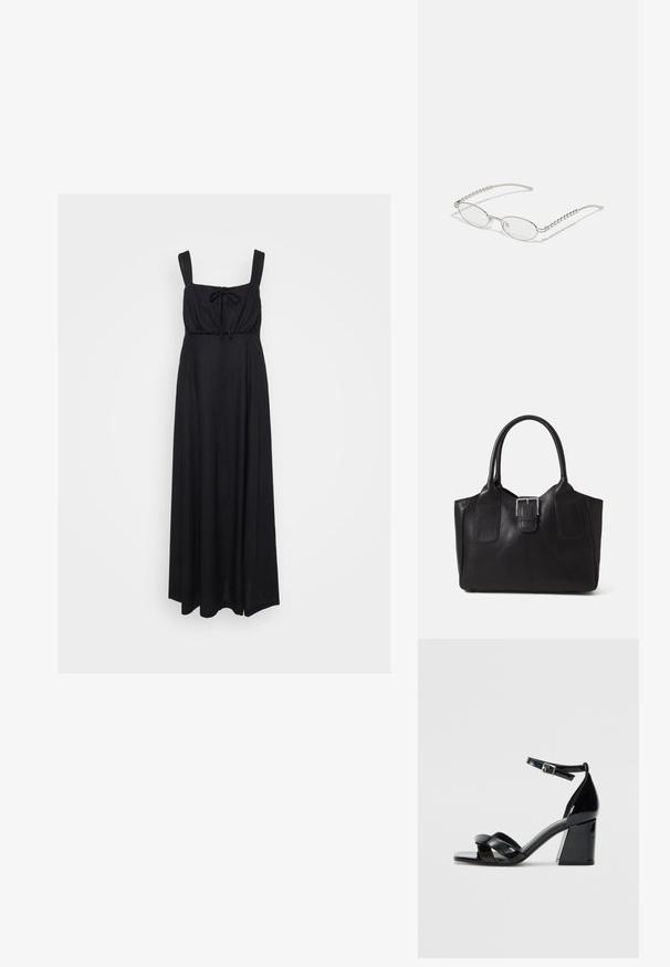 Svart maxikjole med firkantet halslinje, brede stropper og knyte-detalj foran. Laget av et mykt, lett stoff.; Svarte patentlær høye hæler med firkantet tå, kryssede stropper og et justerbart ankelspenne. Kraftig blokkhelldesign.; Ovale briller med en metallic sølvramme, klare linser og teksturerte perleakkenter på bøyler. Lett design med buede armer.; Svart skinn toteveske med jevn tekstur, strukturert form, to håndtak og en fremtredende sølvspenne foran.
