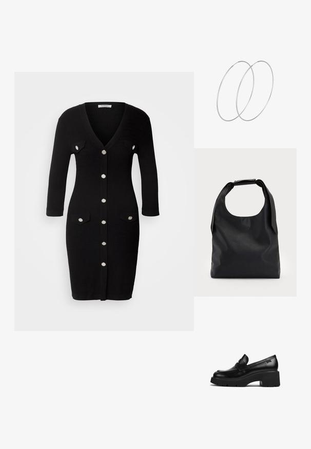 Robe en tricot noir avec un col en V, des manches trois-quarts, une fermeture à boutons sur le devant, deux poches poitrine et des boutons en métal argenté.; Mocassin noir en cuir avec un talon épais, une semelle épaisse et un détail en sangle sur le dessus, présenté de côté sur un fond blanc.; Sac hobo en cuir noir avec une seule poignée ronde et douce ; présente une texture lisse et un design minimaliste. Pas de matériel ou d'accents visibles.; Boucles d'oreilles en argent au design minimaliste. Forme circulaire, texture lisse et profil fin. Légères avec une finition polie.