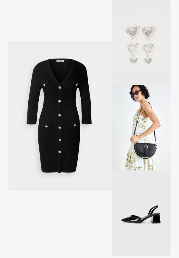Robe en tricot noir avec un col en V, des manches trois-quarts, une fermeture à boutons sur le devant, deux poches poitrine et des boutons en métal argenté.; Escarpins en cuir verni noir avec bout pointu et talon bloc géométrique. Présente un design élégant et minimaliste ainsi qu'une texture lisse.; Sac à main en cuir noir avec une forme courbée, bandoulière amovible et des accessoires en or. Le sac est doté d'un rabat avec un détail de boucle.; Des boucles d'oreilles en argent en forme de cœur présentent des pierres claires facettées, avec un cadre texturé. L'ensemble comprend des styles à clou et des styles pendants.