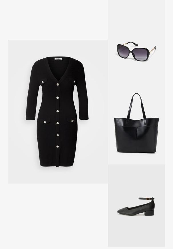 Abito nero lavorato a maglia con scollatura a V, maniche a trequarti, chiusura frontale con bottoni, due tasche sul petto e bottoni in tonalità argento.; Pump in pelle nera con punta affusolata e tacco basso a blocco. Presenta una cinghia alla caviglia con una fibbia in tonalità oro. Texture liscia.; Occhiali da sole neri oversize con lenti sfumate, montatura spessa e dettagli in catena dorata sulle astine.; Borsa a tracolla in pelle nera con due manici lunghi, una texture liscia e una forma strutturata. Presenta una tasca frontale per ulteriore spazio di archiviazione.