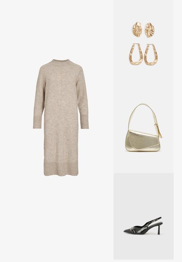 Világos bézs kötött ruha magas nyakkal, hosszú ujjakkal, bordázott mandzsettákkal és szegéllyel. Az anyag puha, texturált megjelenésű.; Fekete lakk bőr, hegyes orrú slingback cipő, boka pántokkal, ezüst csatokkal és hardverelemekkel, valamint karcsú sarkú.; Arany fémes kézi táska, strukturált dizájnnal, sima felülettel és állítható pánttal. Egyedi háromszög alakú, minimalistának mondható varrásokkal rendelkezik.; Aranyszínű fülbevalók, texturált, hullámos formákkal. Tartalmazza a szobrászati klipszes studokat és az open hoop kialakítást, kalapácsos felülettel.