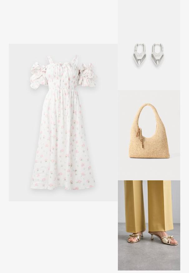 Valkoinen kukkamekko, jossa on vaaleanpunaisia ruusukuosisia kuvioita, smockattu yläosa, olkapäitä paljastavat puffihihat ja virtaava siluetti.; Stuart Weitzman FELICITY BOW SLIDE - Korolliset pistokkaat - platino; Kudottu vaaleanruskea käsilaukku, jossa on kaareva kahva, teksturoitu pinta ja ruskea tupsu-yksityiskohta. Ominaisuudet sisältävät rennon, hobo-muodon.; Hopeakuvioiset sydämen muotoiset rakkaussulkeet, joissa on kaiverrettu "KYLLÄ" ja "EI" -tekstit, kiiltävä pinta, symmetrinen muotoilu ja kestävä metalliovi.