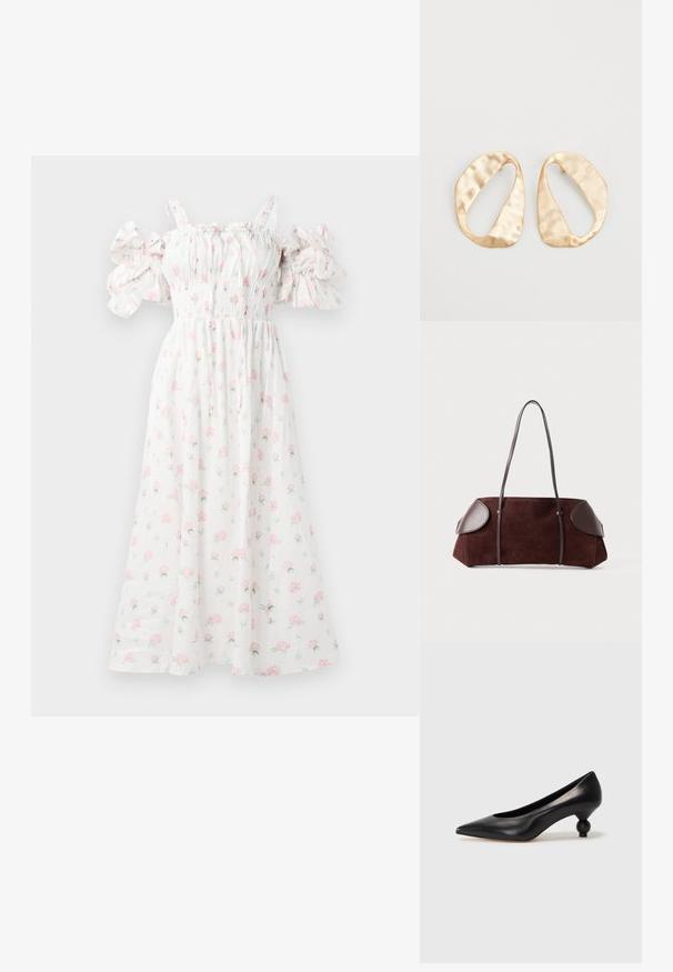 Balts ziedu kleita ar rozā rozēm, smockēta augšdaļa, plecus atsedzošas pūkainas piedurknes un plūstoša silueta.; Melnas ādas augstpapēžu kurpes ar smailu purngalu un apaļu papēdi. Gluda tekstūra ar elegantu, minimālistisku dizainu.; Brūns zamšs somiņa ar ādas akcentiem, strukturēta forma, divi plecu siksnas un noapaļoti mali, ar gludu tekstūru un minimālu aparatūru.; Pāris neregulāras ovālas formas zelta toņos metāla auskaru ar teksturētu, nedaudz sitētu virsmu uz baltas fona.