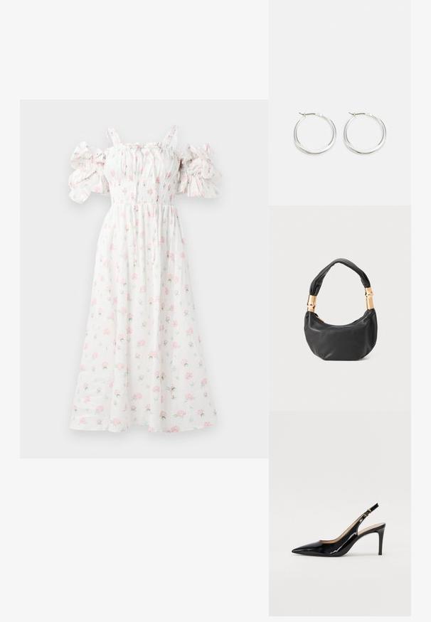 Vestido floral branco com padrões de rosas cor-de-rosa, corpete franzido, mangas bufantes à descoberta dos ombros e silhueta fluida.; Sandal com salto em verniz preto, bico fino, salto esguio e um design de recorte subtil. Apresenta uma fivela dourada na alça.; Mala de mão em couro preto com forma redonda, textura suave e alça com nó, apresentando detalhes em metal dourado. Fecho em zíper.; Brincos de argola prateados com um design suave e arredondado, apresentando um perfil fino e um fecho seguro. Estilo minimalista com um acabamento polido.