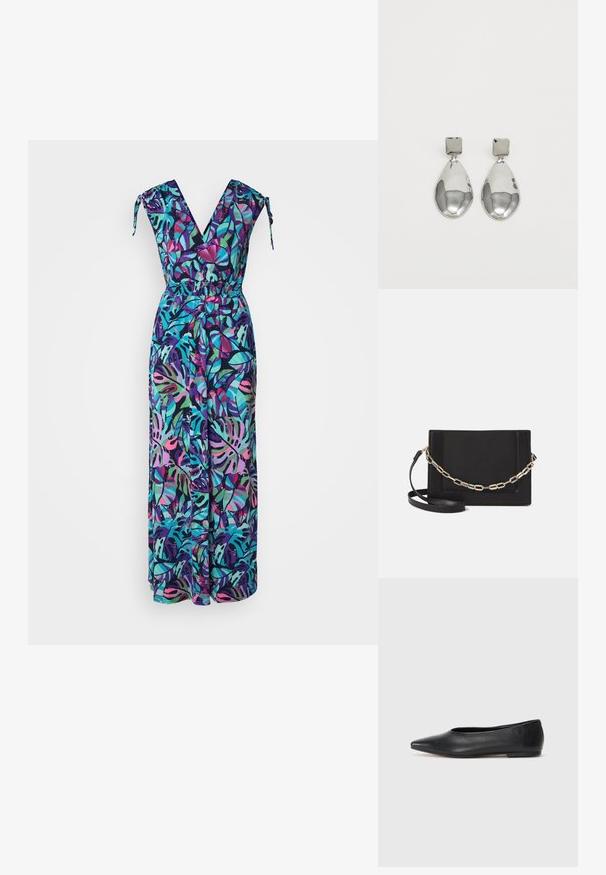 Jumpsuit s cvjetnim uzorkom, V-izrezom, podešavanjima na vezivanje, elastičnim strukom i širokim nogavicama u živopisnim nijansama zelene, ljubičaste i ružičaste.; Crne kožne balerinke, uski vrh, minimalistički dizajn, glatka tekstura, niska peta, bez vidljivih dodataka ili ukrasa.; Crna kožna torba preko tijela s glatkom teksturom, pravokutnim oblikom i metalnim lancem na prednjoj strani. Uključena je podesiva naramenica.; Srebrne naušnice u obliku kapi s kvadratnom kopčom, koji imaju glatku, sjajnu završnu obradu i oblik suze, odražavajući svjetlost s sjajnom površinom.