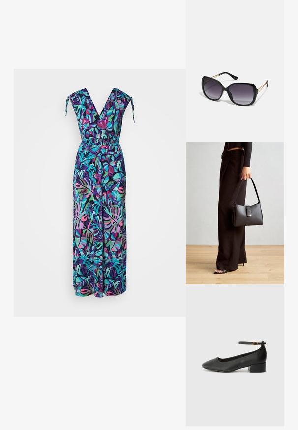 Kombinéza s květinovým vzorem a V-výstřihem, nastavitelné tkaničky, elastický pas a široké nohavice v živých odstínech zelené, fialové a růžové.; Černé kožené lodičky s špičatou špičkou a nízkým blokovým podpatkem. Obsahují pásek kolem kotníku se zlatou sponou. Hladký povrch.; Černé oversized sluneční brýle se gradientními skly, silnými rámy a zlatými řetízkovými detaily na nožičkách.; Černá kabelka se strukturovaným tvarem, hladkým povrchem a kovovým uzávěrem. Kombinována s širokými černými kalhotami a sandály s otevřenou špičkou na dřevěné podlaze.