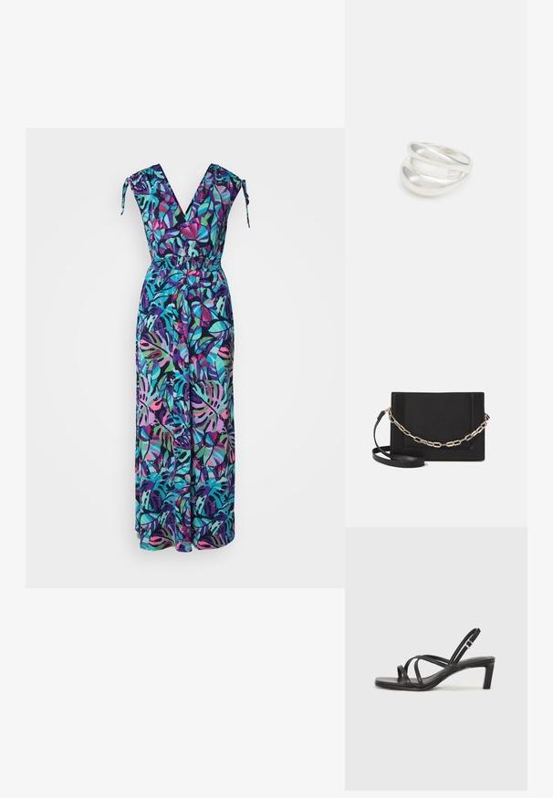 Kombinezon w kwiatowy wzór z dekoltem w kształcie litery V, regulowanymi sznurkami na ramionach, elastycznym pasem i szerokimi nogawkami w żywych odcieniach zieleni, fioletu i różu.; Czarne sandały na obcasie z prostokątnym noskiem i niskim słupkowym obcasem. Posiadają wiele cienkich pasków i regulowany pasek na kostkę. Wykonane z gładkiej skóry.; Czarna skórzana torebka typu crossbody z gładką teksturą, prostokątnym kształtem oraz metalowym detalem w postaci łańcuszka z przodu. W zestawie regulowany pasek.; Srebrna obrączka podwójna z gładką, polerowaną powierzchnią. Posiada płynny, zakrzywiony kształt z nakładającymi się sekcjami, co nadaje nowoczesny wygląd.