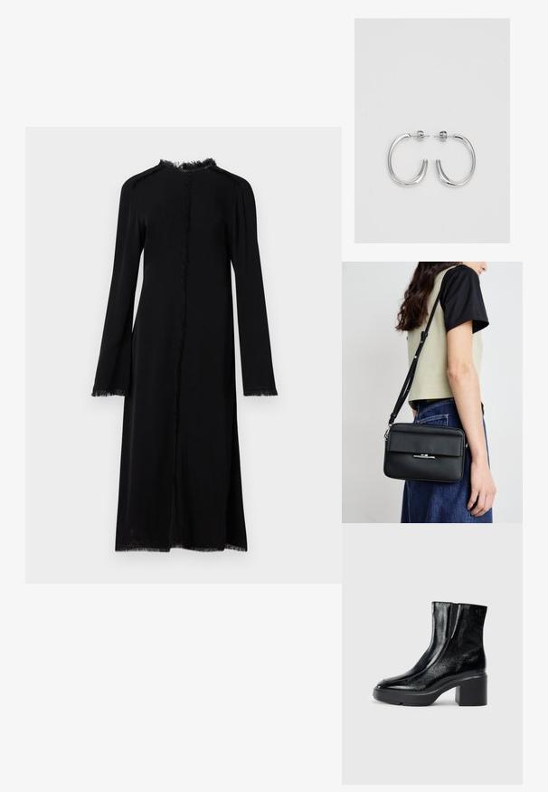 Lungo vestito nero realizzato in tessuto morbido, con taglio dritto, bordi frangiati e maniche lunghe con ampia apertura. Senza chiusure.; Stivali alla caviglia in pelle verniciata nera con punta curva, pannelli laterali elasticizzati e tacco robusto. Presentano un logo impresso sul retro.; Calvin Klein LINEAR CAMERA BAG - Borsa a tracolla - black; Orecchini a cerchio in argento con una finitura liscia e lucente. Forma arrotondata, design leggero, con chiusura a perno.