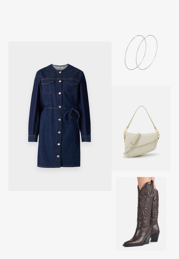 Tamsiai mėlynas džinsinis suknelės modelis su ilgomis rankovėmis, mygtukais priekyje, diržu juosmeniui ir dviem krūtinės kišenėmis. Sidabro atspalvio mygtukų detalės.; Rudos odinės kaubojaus batai su smailiu priekiu ir blokuotu kulnu, pasižymintys detaliu siuvinėjimu ir iškiliais akcentais ant ašies.; Mažas kreminis rankinukas su tekstūruotu paviršiumi, ilga reguliuojama juostele, grandinėle ir užsegimu su atvartu. Aukso detalės.; Sidabrinės pusmėnulio auskarai minimalistiniu dizainu. Apskritimo forma, lygus paviršius ir plonas profilis. Lengvi su poliruotu apdailu.