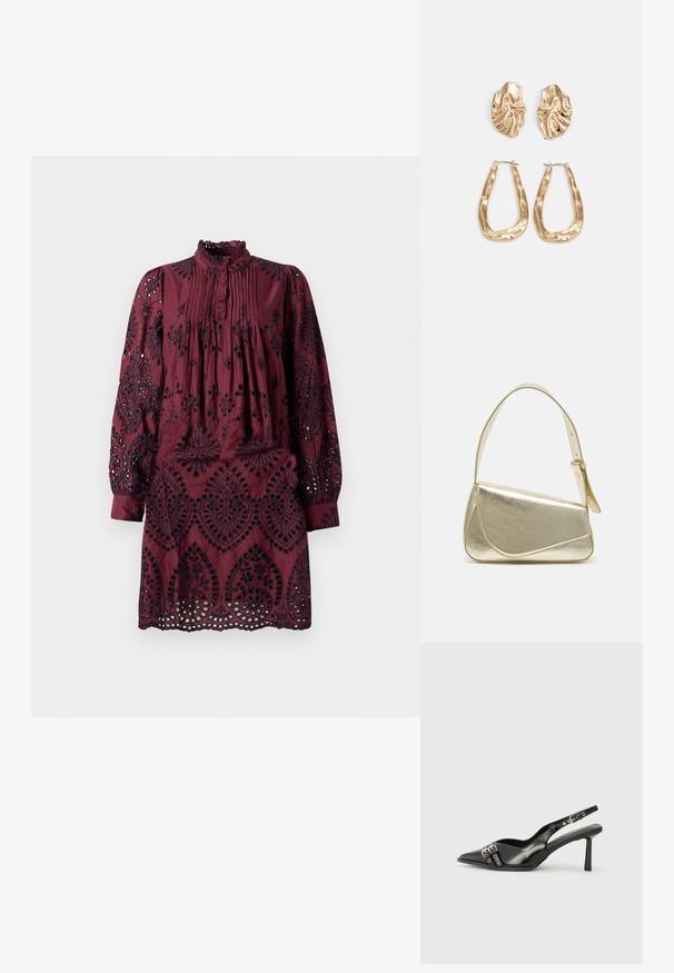 Burgundy-mekko, jossa on pitkät hihat, laskostettu etuosa, röyhelökaulus ja monimutkaiset mustat brodeerauskuviot. Silmäleikkaukset helman varrella.; Musta patenttinen nahkainen slingback-kengät, joissa on terävä nenä, nilkkahihnat hopeisilla soljilla ja varusteilla sekä hoikka korko.; Kultainen metallinen käsilaukku, jossa on jämäkkä muotoilu, sileä pinta ja säädettävä olkahihna. Sisältää ainutlaatuisen kolmiomaisen muodon ja minimalistisen tikkaustyylin.; Korukultainen korvakorut, joissa on teksturoituja, aaltoilevia muotoja. Mukana on veistokselliset klipsikorvakorut ja avoin rengasmalli, jossa on vasaroitu pinta.