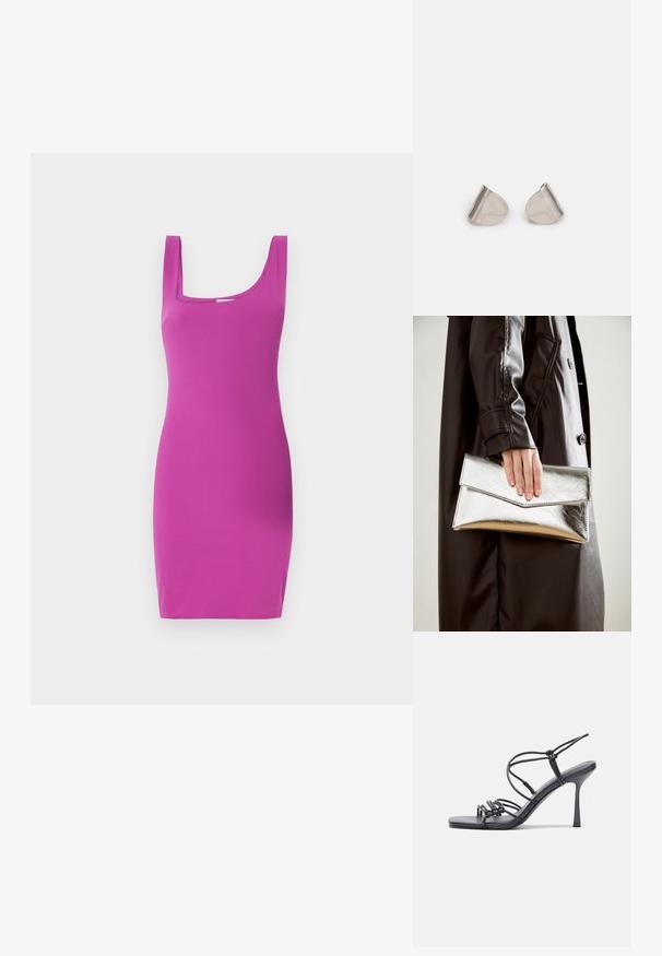 Dopasowana sukienka bez rękawów w intensywnym różowym kolorze z kwadratowym dekoltem i gładką fakturą. Projekt charakteryzuje się sylwetką bodycon i minimalną ilością detali.; Czarne sandały na wysokim obcasie mają cienkie paski z węzłowym wzorem, gładki, kwadratowy czubek i smukły obcas w stylu szpilki.; Srebrna metaliczna kopertówka o kształcie kątowym, gładka w dotyku, z kontrastowym kolorem wewnątrz, trzymana w ręce noszącej czarny płaszcz.; Srebrne metalowe kolczyki o gładkim, kroplowym kształcie i wypolerowanym wykończeniu. Delikatne grawerunki dodają szczegółów. Minimalistyczny design.