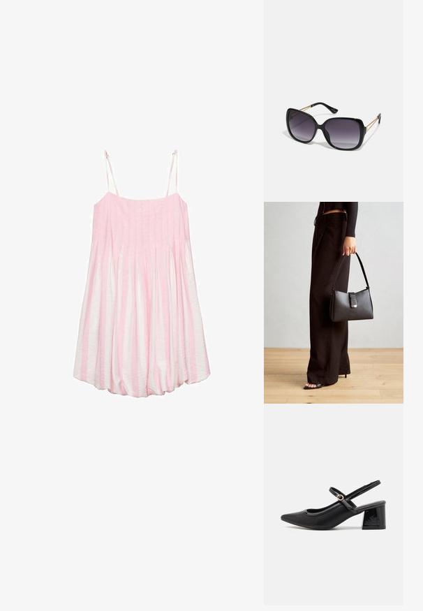Gestreiftes ärmelloses Kleid in Rosa und Weiß mit gerafftem Material, leichtem Stoff und verstellbaren Trägern. Ausgestellt designte untere Partie.; Schwarze Lackleder-Slingback-Absätze mit spitzer Zehenform, einem runden Ausschnitt-Design und einem Blockabsatz. Mit einem goldfarbenen Schnallenakzent.; Schwarze übergroße Sonnenbrille mit getönten Gläsern, dicken Rahmen und goldfarbener Kettendetaillierung an den Bügeln.; Schwarze Handtasche mit strukturierter Form, glatter Textur und einem metallischen Verschluss. Kombiniert mit weiten schwarzen Hosen und offenen Sandalen auf einem Holzboden.