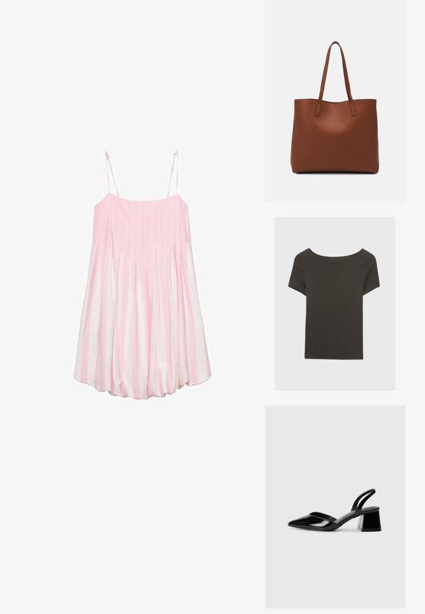 Roza in bela črtasta brezrokavnik obleka z nabranim teksturo, lahkotna tkanina in nastavljive naramnice. Oblika z razširjenim spodnjim delom.; Temno siva kratka majica s čolnasto izrezom. Narejena iz rebraste tkanine, ki ima sproščen kroj in čist rob. Preprost dizajn, brez vzorcev.; Črne lakirane slingback pete s koničastim nosom in geometrijsko blokasto peto. Imajo eleganten, minimalističen dizajn in gladko teksturo.; Rjava usnjena torba z gladko teksturo, odprto zasnovo zgoraj in dvema naramnima trakovoma. Opremljena je z minimalnim šivanjem in brez vidnih kovinskih delov.