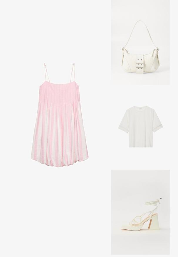 Rochie fără mâneci, cu dungi roz și albe, având o textură bufantă, dintr-un material ușor și cu bretele ajustabile. Design cu margine evazată.; Tricou alb cu mânecă scurtă, confecționat din bumbac, cu dantelă decorativă pe marginea mânecilor și un guler rotund.; Sandale albe cu toc înalt și gros, cu un design cu curele și legătură la gleznă. Textură netedă, cu o platformă frontală pentru înălțime suplimentară.; Geantă albă de umăr cu un finisaj texturat, un accent cu cataramă centrală și o formă curbată. Încărcătoare cu fermoar pe ambele laturi.