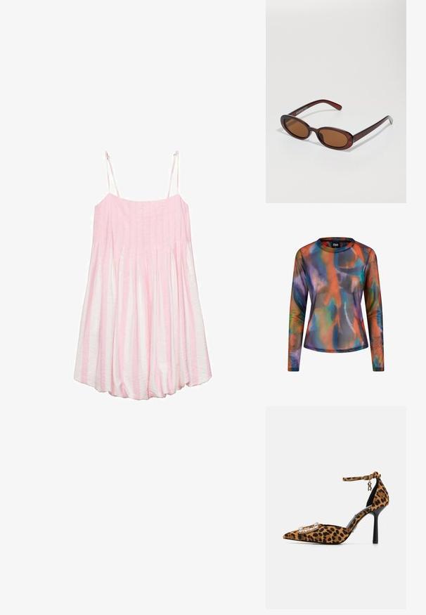 Vaaleanpunainen ja valkoinen raidallinen hihaton mekko, jossa on röyhelömäinen rakenne, kevyet kankaat ja säädettävät olkaimet. Liikkuva alaosa.; Pitkähihaisen paidan kevyt, läpikuultava kangas esittelee kirkasta, moniväristä abstraktia kuviota oranssin, sinisen ja violetin sävyillä.; Kengät, joissa on leopardi-printti, korkea korko, terävä kärki, samettinen pinta, nilkkahihna ja kristallikoristeinen solki. Musta stiletto-korko.; Pyöreät, ruskehtavat aurinkolasit, joissa on kiiltävä burgundinpunainen runko. Kapeat sivut, joissa on hienovarainen brändäys. Litteät linssit.; Leopardikuvioinen käsilaukku, jossa on sileä pinta, kultaiset yksityiskohdat ja musta nahkahihna; pehmeä, löysä muoto, jossa on kaareva yläosa.