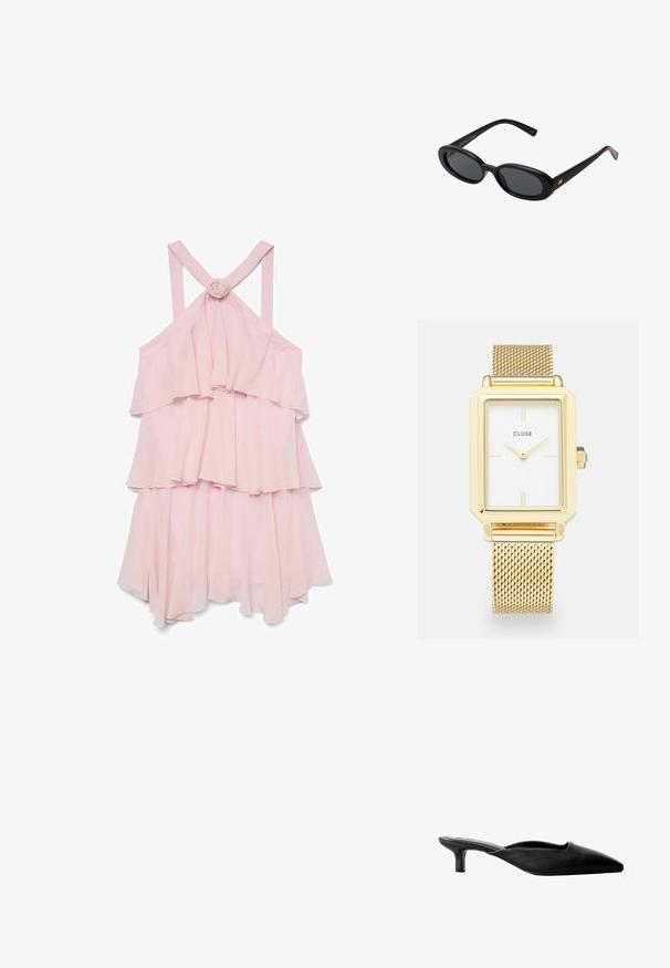 Šviesiai rožinė be rankovių su pervažomis suknelė, su rožės akcentu nugarinėje dalyje ir kryžminiais diržais, pagaminta iš lengvos medžiagos.; Juodos odinės aukštakulnės mule sandalai su smailiu nosiu, atvira nugara ir žemu blokuotu kulnu. Lygaus paviršiaus su minimalistiniu dizainu.; Juodos didelės saulės akinių su ovaliais objektyvais, lygia plastiko rėmeliu ir aukso akcentais ant šventyklos. Tamsūs objektyvai suteikia apsaugą nuo saulės.; Auksinis stačiakampis laikrodis su baltu ciferblatu, minimalistiniais valandų žymekliais ir metaliniu tinkleliu. Yra šoninė chronometravimo mygtukas laiko reguliavimui.