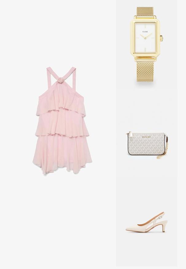 Gaiši rozā bez piedurknēm tērps ar slāņiem ruffles, ar rozes akcentu aizmugurē un krustu siksnām, izgatavots no viegla auduma.; Baltas siksniņveida papēdis ar smailu purngalu, gludu augšējo materiālu, zemu blokpapēdi un sānu izgriezumu dizainu ar regulējamu sprādzi.; Michaela Korsa rokassomi bez̦ā īšojuma, kas izgatavota no apklāta kanvas, iekļaujot atkārtotu MK logotipa rakstu, zelta aparatūru un noņemamu ķēdes siksnu.; Zelts taisnstūra forma pulkstenis ar baltu seju, minimālistiskiem stundu atzīmēm un metāla tīkla siksniņu. Iekļauts sānu kronis laika regulēšanai.