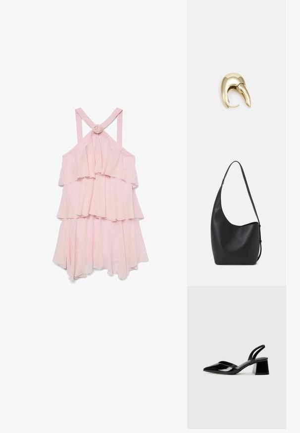 Svetlo roza brezrokavna obleka z večplastnimi volančki, ki ima rožni detajl na hrbtu in križne naramnice, izdelana iz lahkega materiala.; Črne lakirane slingback pete s koničastim nosom in geometrijsko blokasto peto. Imajo eleganten, minimalističen dizajn in gladko teksturo.; Črna usnjena hobo torba z gladko teksturo, ukrivljeno obliko in eno nastavljivo naramnico; ima širok odprtina na vrhu.; Uhane nakit iz zlatastega tona z gladko, ukrivljeno zasnovo. Ima edinstveno koničasto obliko, polirano površino in zaponko s tečajem.