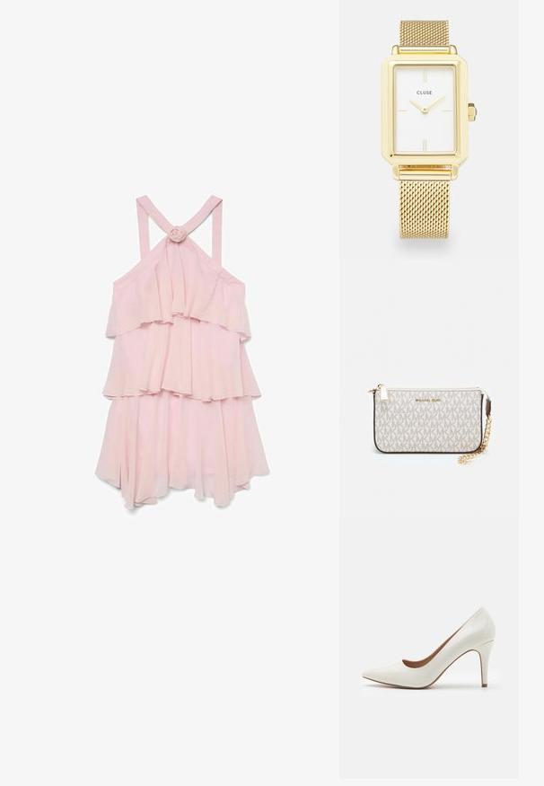 Bledoružová klasická šaty bez rukávov s vrstvenými volánmi, s ružovým akcentom na chrbte a krížovými ramienkami, vyrobené z ľahkej tkaniny.; Biele lakované vysoké podpätky s špicatou špičkou a hladkým povrchom, s štíhlým podpätkom a nízkym strihom okolo otvoru.; Michael Kors zápästná taška v béžovej potiahnutej plátenej tkanine s opakujúcim sa vzorom loga MK, zlatým kovania a odnímateľným reťazovým popruhom.; Zlaté obdĺžnikové hodinky s bielym ciferníkom, minimalistické hodinové značky a kovový sieťovaný remienok. Obsahuje bočný korunku na nastavenie času.