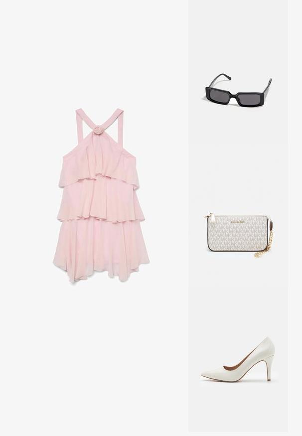 Halvány rózsaszín, ujjatlan ruha réteges fodrokkal, hátul rózsával díszítve és keresztpántokkal, könnyű anyagból készült.; Fehér lakkbőr magassarkú cipő hegyes orral és sima felülettel, karcsú sarka van, és alacsony kivágás található a nyílás körül.; Fekete napszemüveg téglalap alakú kerettel, sötét lencsékkel és sima, fényes felülettel. Vékony szárakkal rendelkezik, az oldalán diszkrét márkajelzéssel.; Michael Kors bézs bevonatos vászon karkötő, amely ismétlődő MK logó mintával, aranyszínű fémrészletekkel és levehető lánchordóval rendelkezik.; Arany téglalap alakú óra fehér számlappal, minimalista órák jelölőkkel és fém hálós szíjjal. Oldalsó korona található az idő beállításához.