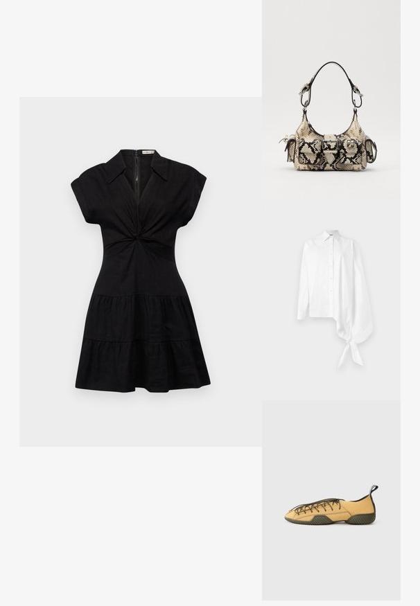 Alice + Olivia MILA DEEP TWIST MINI DRESS - Särkkleit - black; Valge pikakätiline nööpidega särk, millel on asümmeetriline, ülevõetud varrukas, sidunud paremal küljel randme ümber.; Kollane sametist nööridega king, millel on tumeroheline kummitald ja kanna sild, kujutatud külgedelt heledal hallil taustal.; Pruuni ja musta värvi nahkjeskott, millel on struktureeritud kuju, pandla detail ja kaks õlarihma. Tekstureeritud pind.