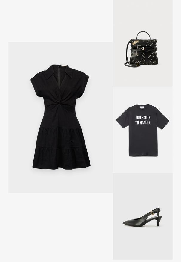 Alice + Olivia MILA DEEP TWIST MINI DRESS - Srajčna obleka - black; Črna bombažna majica s kratkimi rokavi in okroglim izrezom, ki na sprednji strani vsebuje beli napis "PREVISOKO ZA OBVLADOVANJE".; Črne usnjene slingback pumpe z usnjatim vrhom, majhnim peto in sponko na trakcu okoli gležnja. Gladka tekstura, minimalistična zasnova.; Črna usnjena torbica z geometrskim belim šivom, zgornjim ročajem in snemljivim naramnim trakom. Ima zlatne dodatke in zadrgo.