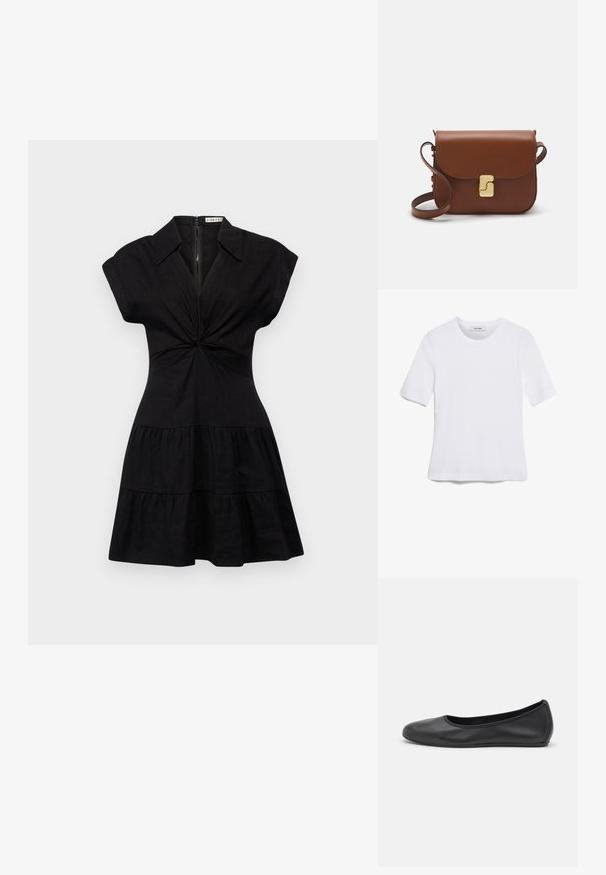 Alice + Olivia MILA DEEP TWIST MINI DRESS - Vestido camisero - black; Camiseta de manga corta blanca hecha de tela de canalé. Cuello redondo, corte regular y detalles de costura sutiles. Sin patrones ni gráficos.; Bailarina de piel negra con punta redondeada, textura suave, detalle de costura minimalista y diseño de suela flexible.; Bolso de mano de cuero marrón con cierre de solapa, herrajes en tono dorado, correa para el hombro y una textura suave. Forma rectangular compacta.