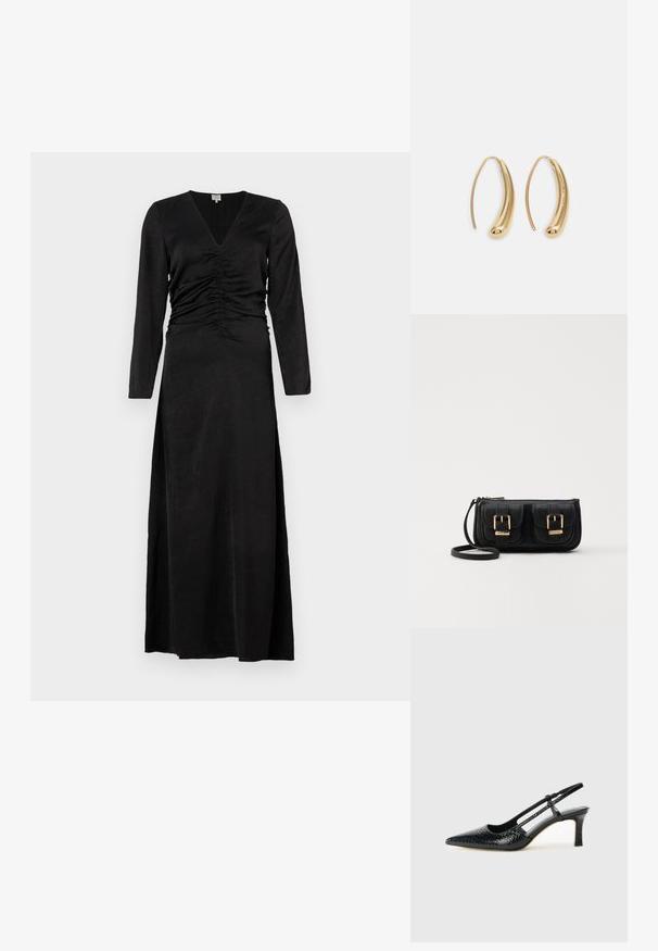 Juodas ilgarankovis su V formos iškirpte, su raukiniais liemens srityje ir šonine skyle, pagamintas iš lygaus, lengvo audinio.; Juodai lakuoti slingback aukštakulniai su smailiu nosiu, su tekstūruotu gyvatės raštu, reguliuojama juosta ir trumpu, tekstūruotu blokiniu kulnu.; Juodas odinis per petį nešiojamas krepšys su dviem priekiniais kišenėmis, auksiniais sagtimis, užtrauktuko uždarymu ir siauromis petnešomis. Textūruota paviršius ir kompaktiškas stačiakampis formatas.; Auksinės metalinės auskarų kabės su lenktą, pailgą forma. Turi lygų, blizgantį paviršių ir užapvalintą galiuką papildomam akcentui.