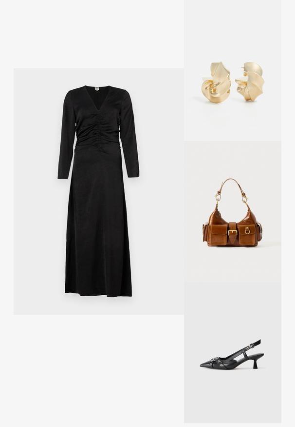 Črna obleka z dolgimi rokavi in V-izrezom, ki ima naborke na pasu in stranski razporek, izdelana iz gladkega, lahkotnega materiala.; Črne usnjene sandale središnje zaponke z ostro konico, okrasnimi trakovi z kovinskimi očesi in nizko blokasto peto. Teksturirana površina.; Rjava usnjena torbica s ukrivljeno obliko, dvojno zlato obarvano kovinsko okovje, dva sprednja žepa in širok pas. Gladka tekstura z elegIntnim videzom.; Zlato-tonirane metalne uhane z teksturo in skulpturalno spiralo. Imajo gladke površine in ukrivljene oblike, ki odseväjo svetlobo.