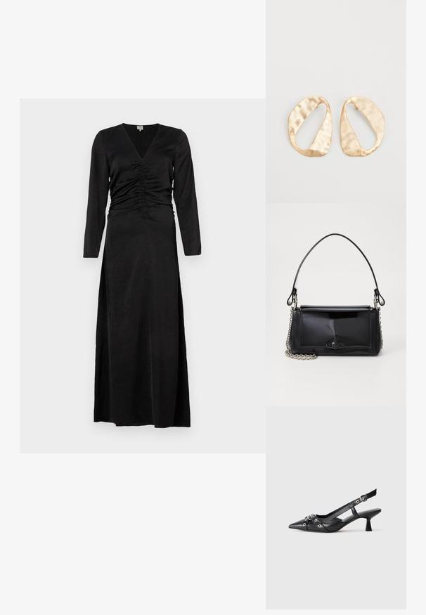 Svart långärmad klänning med V-ringning, som har ruchade detaljer vid midjan och en sidoklyfta, tillverkad av ett mjukt och lätt tyg.; Svart lädersko med slingback-design, spetsig tå, dekorativa remmar med metallöglor och en låg klack. Texturerad yta.; Svart lackläderhandväska med rektangulär form, kedjestropp och en distinkt hårdvaruaccent i mitten. Slät textur.; Ett par oregelbundna ovalformade örhängen i guldtonad metall med en strukturerad, något hamrad yta på en vit bakgrund.