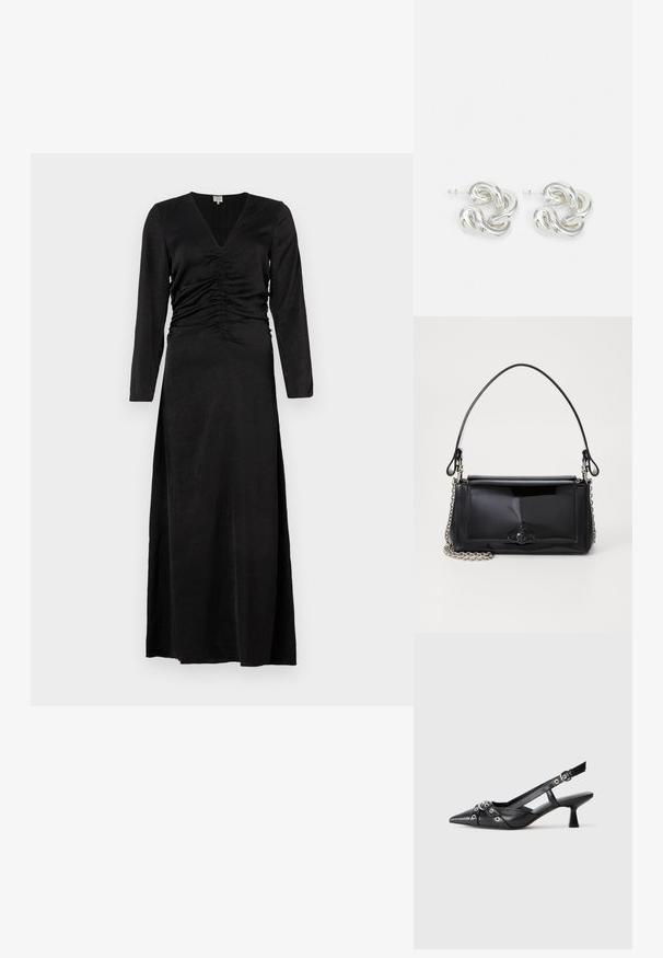 Fekete, hosszú ujjú ruha V-nyakkal, ami ráncolt részletekkel rendelkezik a deréknál és oldalsó hasítékkal, sima, könnyű anyagból készült.; Fekete bőr slingback cipő hegyes orral, dekoratív pántokkal, fém szemekkel és alacsony blokk sarkú. Texturált felület.; Fekete lakkbőr kézitáska téglalap alakú, láncos vállpánttal és középen egy jellegzetes fém díszítéssel. Simaszerkezet.; Ezüst karika fülbevalók, csavart lánc szerkezettel, sima felülettel és fényes kivitelben, posztos záródással.