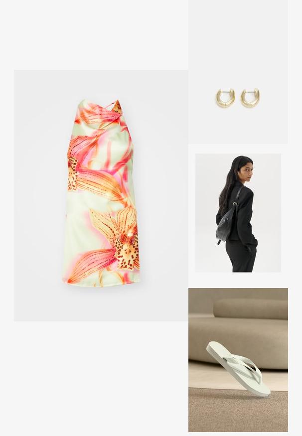 Ziedu halterkleita ar gaiši zaļu fonu, kas rotāta ar spilgti rozā un oranžām ziedu pušķiem, gludu tekstūru un elegantu piegriezumu.; Gaiši zaļas gumijas čības ar teksturētu pēdu spilventiņu un plānām siksnām, paceltas virs mīksta, neitrālas krāsas fona.; Sieviete ar garām tumšām matiem, ģērbusies melnā uzvalkā, nēsā melnu ādas plecu somu un skatās pāri plecam uz balta fona.; Zelta-tonēti auskari ar gludu, pulētu apdari. Iezīmē pusapaļa forma un droša aizdare uz stieņa.