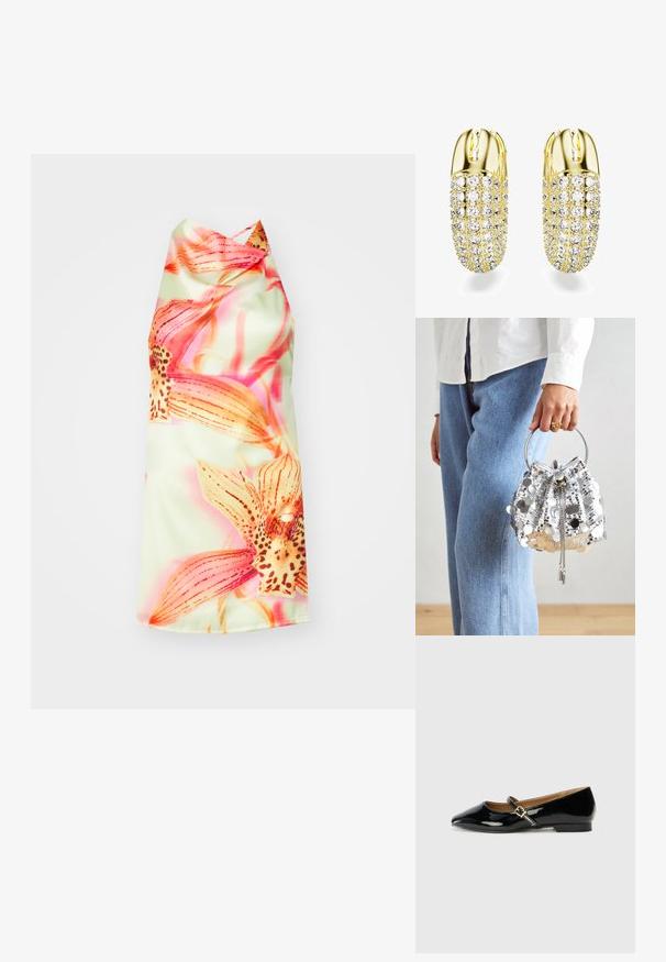 Vestido halter floral com um fundo verde claro, apresentando flores vibrantes em tons de rosa e laranja, textura suave e um caimento elegante.; Sapatilha de verniz preto com bico fino, tira no tornozelo com fivela em tom dourado e salto baixo quadrado. Acabamento suave e brilhante.; Saco tipo balde prateado com lantejoulas e uma pega metálica circular; possui fecho de cordão e detalhes em corrente, colocado sobre tecido de denim claro e branco.; Brincos em tom dourado com um design cilíndrico, adornados com cristais transparentes redondos dispostos em um padrão de grelha, com um acabamento brilhante.