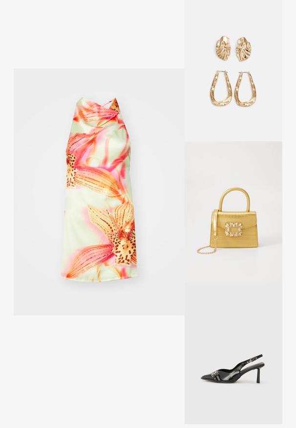 Vestido halter floral com um fundo verde claro, apresentando flores vibrantes em tons de rosa e laranja, textura suave e um caimento elegante.; Sapato slingback preto em pele patentada com bico apontado, tiras no tornozelo apresentando fivelas e acessórios prateados, e um salto elegante.; Bolsa amarela em pele de crocodilo falsa, com um design estruturado, pega no topo, alça de corrente removível e decoração de cristal no fecho.; Brincos em tom de ouro com formas onduladas e texturizadas. Inclui studs escultóricos com presilha e um design de argola aberta com um acabamento martelado.