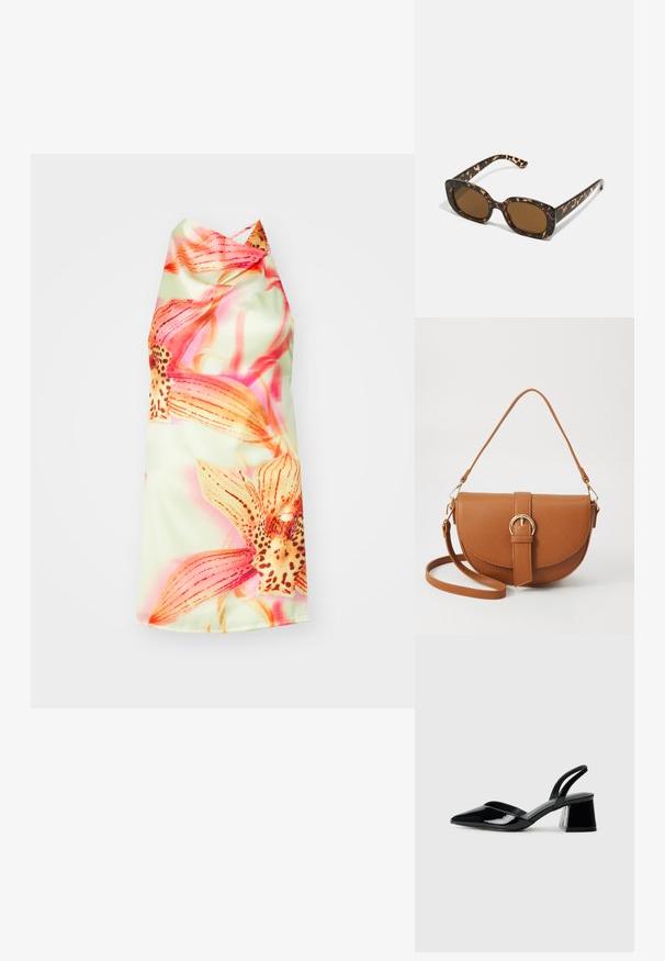 Vestido halter floral com um fundo verde claro, apresentando flores vibrantes em tons de rosa e laranja, textura suave e um caimento elegante.; Sandy em verniz preto com salto slingback, ponta afilada e salto geométrico. Apresenta um design elegante e minimalista com textura suave.; Óculos de sol tartaruga com uma armação redonda e robusta e lentes castanhas. Apresenta padrões subtis e hastes direitas e afinadas.; Bolsa transversal de couro castanho com um formato curvado, ferragens douradas e um detalhe de fivela. Inclui uma alça de ombro destacável.