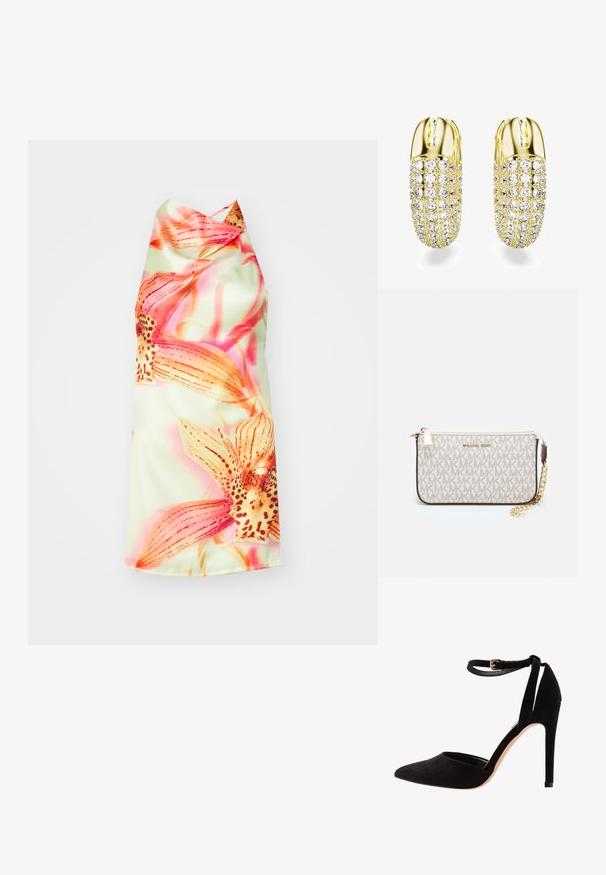 Blomstrete halterneck-kjole med en lys grønn bakgrunn, som har livlige rosa og oransje blomster, glatt tekstur og en elegant fall.; Sorte semskede høyhælte sko med spiss tå, ankelrem og stiletthæl. Designet har en glatt tekstur med minimal detaljer.; Michael Kors håndleddsveske i beige belagt kanvas med et gjentakende MK-logo mønster, gullfarget maskinvare og en avtakbar kjede-rem.; Gullfargede øreringer med sylinderformet design, pyntet med runde klare krystaller arrangert i et rutemønster, med en blank overflate.