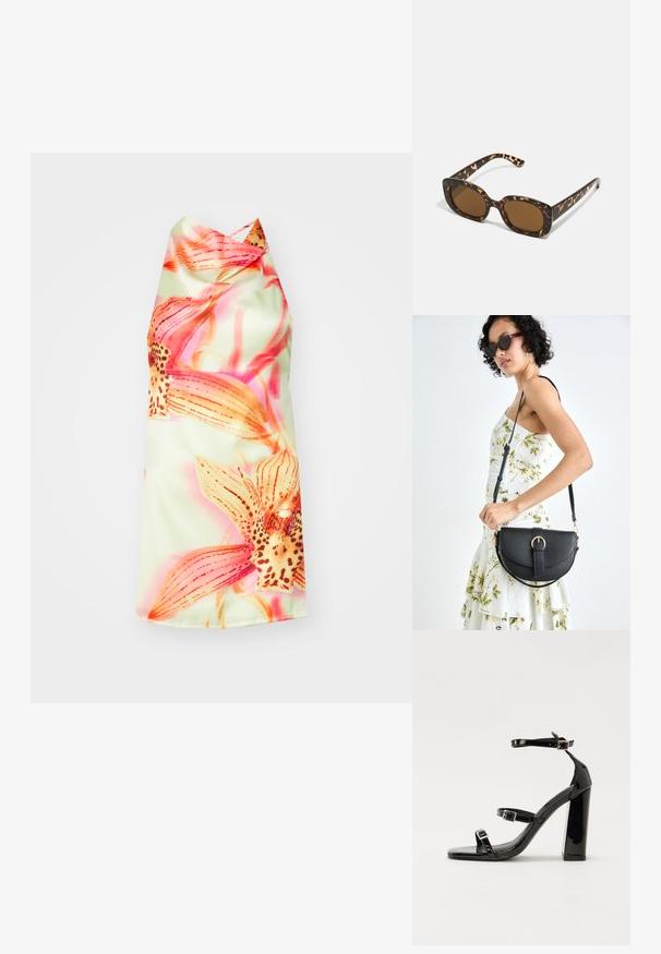 Rochie halter florală cu un fundal verde deschis, având flori vibrante de culoare roz și portocalie, textură netedă și o cădere elegantă.; Sandale negre din piele lacuită, cu toc înalt, două curele cu catarame, vârf pătrat și toc gros, având o textură netedă și lucioasă.; Ochelari de soare cu chelă de broască țestoasă, având un cadru rotund și voluminos, cu lentile maro. Prezintă modele subtile și brațe drepte, conice.; Geantă din piele neagră, cu o formă curbată, curea detașabilă și accesorii aurii. Geanta are un capac cu un detaliu tip cataramă.