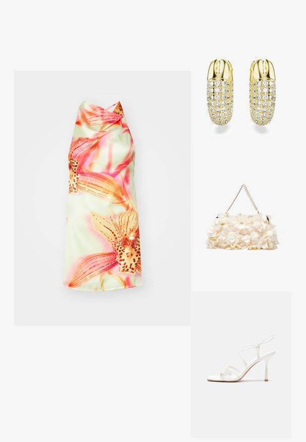 Ziedu halterkleita ar gaiši zaļu fonu, kas rotāta ar spilgti rozā un oranžām ziedu pušķiem, gludu tekstūru un elegantu piegriezumu.; Baltas striķu augstpapēžu sandales ar plakanu pirkstu daļu, teksturētu priekšpusi ar saveltiem akcentiem un šauru potītes siksniņu.; Balta ziedu somiņa ar savelktu auduma virsmu, zeltīta toņa ķēdes siksna un metāla sprādze. Iekļautas teksturētas ziedlapiņas papildus detaļām.; Zelta tonis auskari ar cilindrisku dizainu, rotāti ar maziem caurspīdīgiem kristāliem, kas izkārtoti režģī, ar spīguļojošu apdari.
