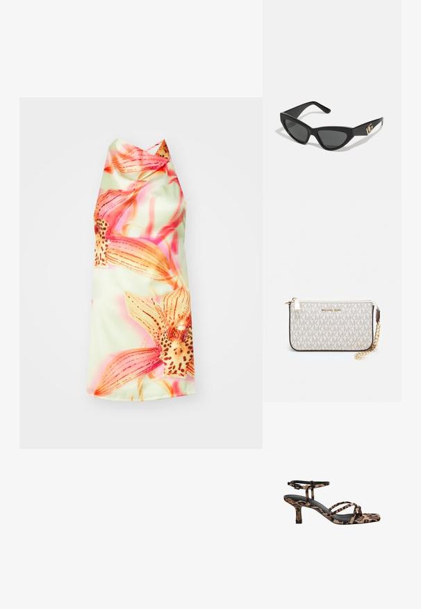 Květinové halter šaty se světle zeleným pozadím, zdobené živými růžovými a oranžovými květy, hladkým texturem a elegantním střihem.; Sandály na podpatku s leopardím vzorem, čtveratou špičkou, více popruhy a středně vysokým podpatkem. Vyrobeno z měkkého textilního materiálu.; Sunglasses ve tvaru kočičích očí s matným černým plastovým rámem, tmavými skly a zlatým logem na stranu. Úhlový design a hladká textura.; Kabelka na zápěstí Michael Kors v béžové potažené plátno s opakujícím se vzorem loga MK, zlatými kovovými doplňky a odnímatelným řetízkovým popruhem.