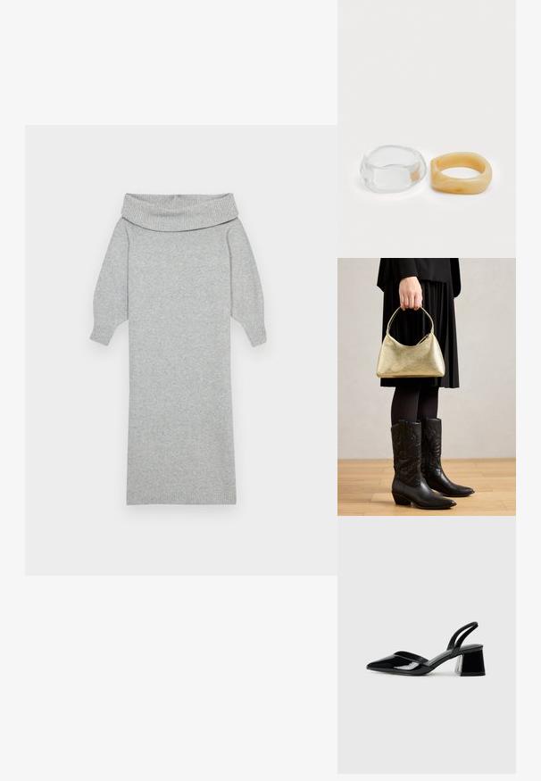 Grey knitted sweater dress with a wide off-the-shoulder collar, ribbed cuffs, and a straight silhouette. Soft texture and mid-length design.; Black patent leather slingback heels with a pointed toe and a geometric block heel. Features a sleek, minimal design and smooth texture.; Gold textured handbag with a curved shape and short handle, held by a person wearing a black pleated skirt and black leather cowboy boots.; Clear and amber resin rings, one smooth and transparent, the other with a textured, amber finish. Both feature rounded, chunky designs.