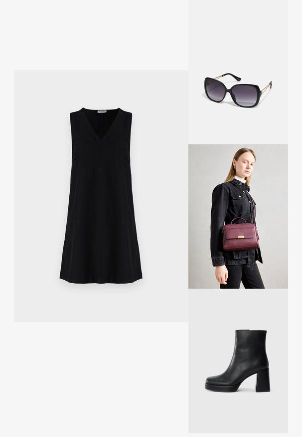 Vestido preto sem mangas com decote em V, apresentando um padrão de riscas finas, uma silhueta descontraída e fendas laterais para facilidade de movimento.; Bota de couro preta até ao tornozelo com salto bloco e sola com plataforma, vista de lado sobre um fundo branco liso.; Óculos de sol oversized pretos com lentes degradê, armações grossas e detalhes em corrente dourada nas hastes.; Bolsa de couro bordô com fecho dourado, formato estruturado, pega superior e alça de ombro ajustável. Modelo usa uma jaqueta de ganga.