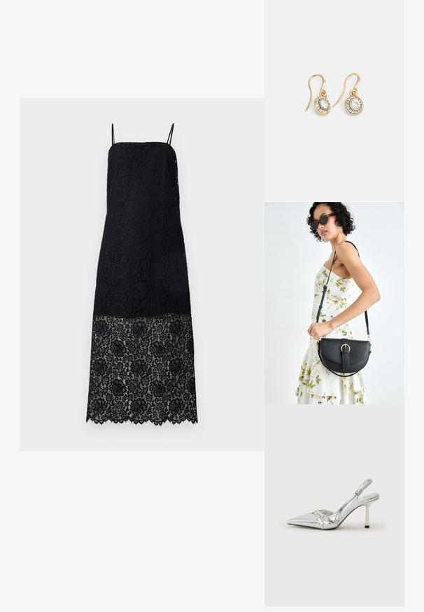 Melnā mežģīņu kleita ar plānām plecu siksnām, kurai ir sarežģīti ziedu motīvi. Malas ir viļņotas, piešķirot detaļu auduma dizainam.; Sudraba slingback augstpapēžu kurpe ar norādītu purngalu, metālisku apdari, diviem dekoratīviem siksniņām un plānu papēdi ar melnu galu.; Melnas ādas rokassoma ar izliekta formu, noņemamu siksnu un zelta aksesuāriem. Somai ir vāciņš ar sprādzes detaļu.; Zelta tonī veidotas auskaru piekariņi ar ovālu izgriezumu caurspīdīgām kristālēm, kuras ieskauj mazākas caurspīdīgas akmeņu daļiņas, ar āķveida dizainu drošai valkāšanai.