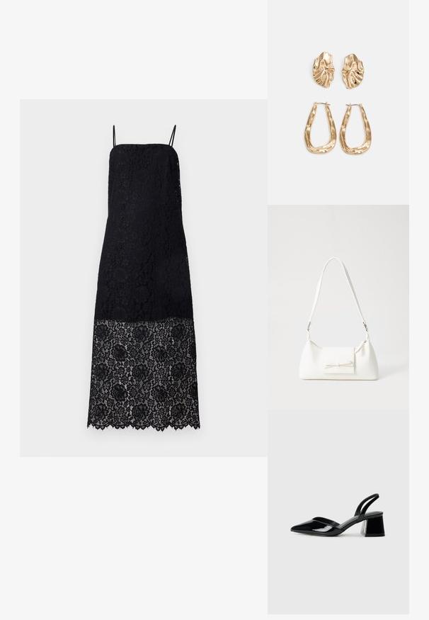 Vestido de renda preta com alças finas, apresentando padrões florais intrincados. A bainha é recortada, adicionando detalhe ao design do tecido.; Sandy em verniz preto com salto slingback, ponta afilada e salto geométrico. Apresenta um design elegante e minimalista com textura suave.; Mala sintética branca com formato triangular, aba frontal plana e detalhe de laço, alça ajustável, textura suave e design minimalista.; Brincos em tom de ouro com formas onduladas e texturizadas. Inclui studs escultóricos com presilha e um design de argola aberta com um acabamento martelado.