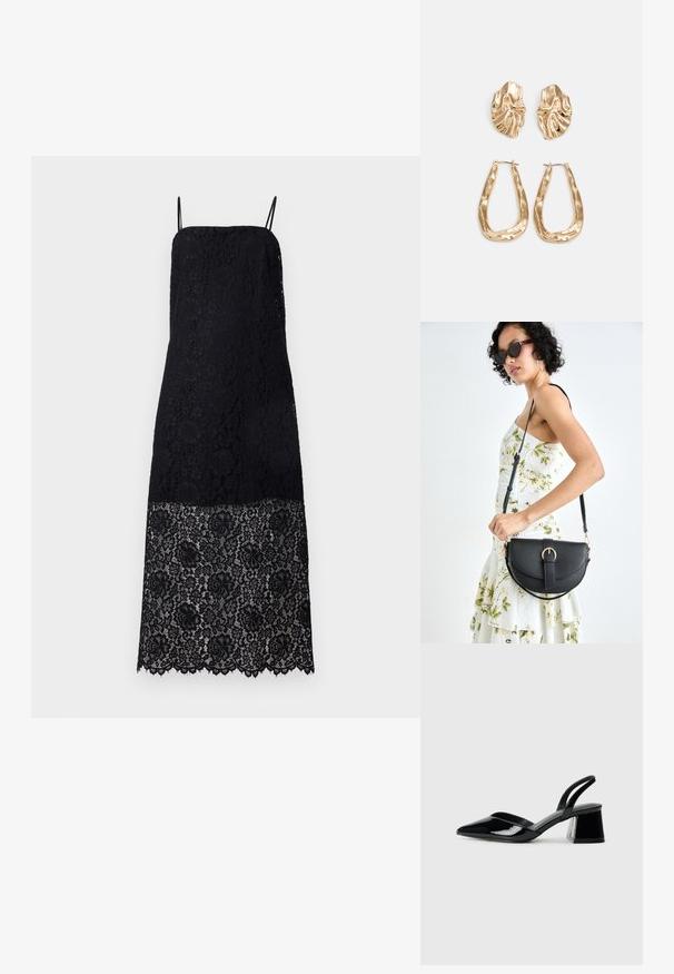 Černé krajkové šaty s tenkými ramínky, které mají složité květinové vzory. Spodní lem je vlnkovaný, což dodává detail k designu látky.; Černé lakované kožené lodičky na pásku s špičatou špičkou a geometrickým blokovým podpatkem. Vyznačují se elegantním, minimalistickým designem a hladkým povrchem.; Černá kožená kabelka s křivkovým tvarem, odnímatelným popruhem a zlatými detaily. Kabelka má klopu s přezkou.; Náušnice ve zlatém tónu s texturovanými, vlnitými tvary. Obsahují sochařské klipy a design otevřeného kruhu s kladivkovým povrchem.